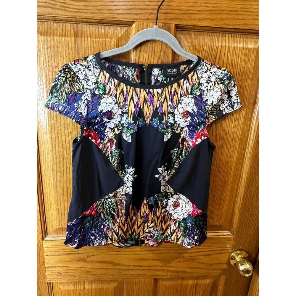 Nicole Miller Womens XS Black Print Floral Zipper Cap Sleeve Blouse Sexy Office